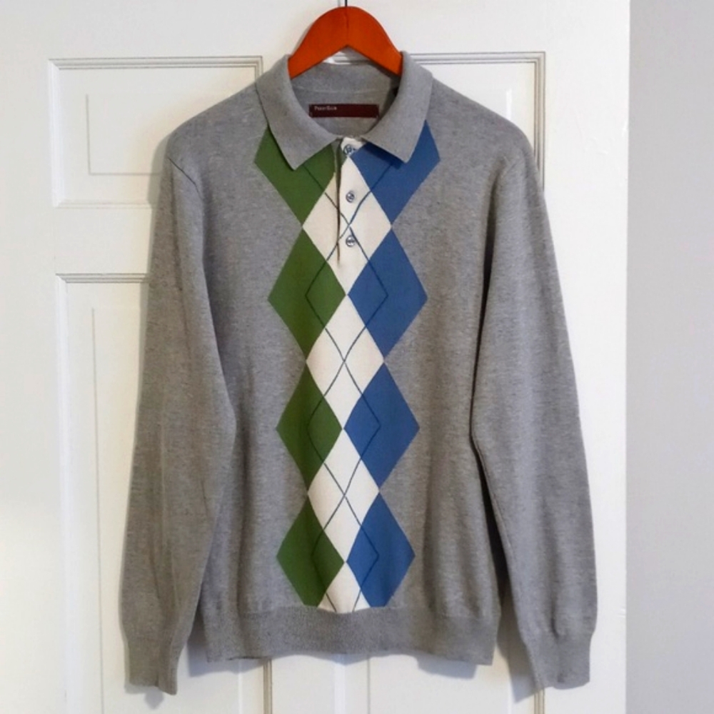 Perry Ellis Gray Argyle Sweater with Blue and Green